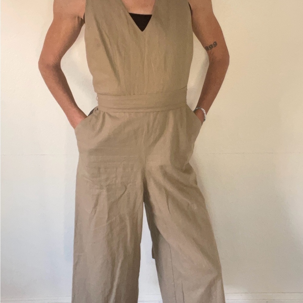 J. Crew Beige Sleeveless Jumpsuit with Tie Waist - Picture 3 of 8